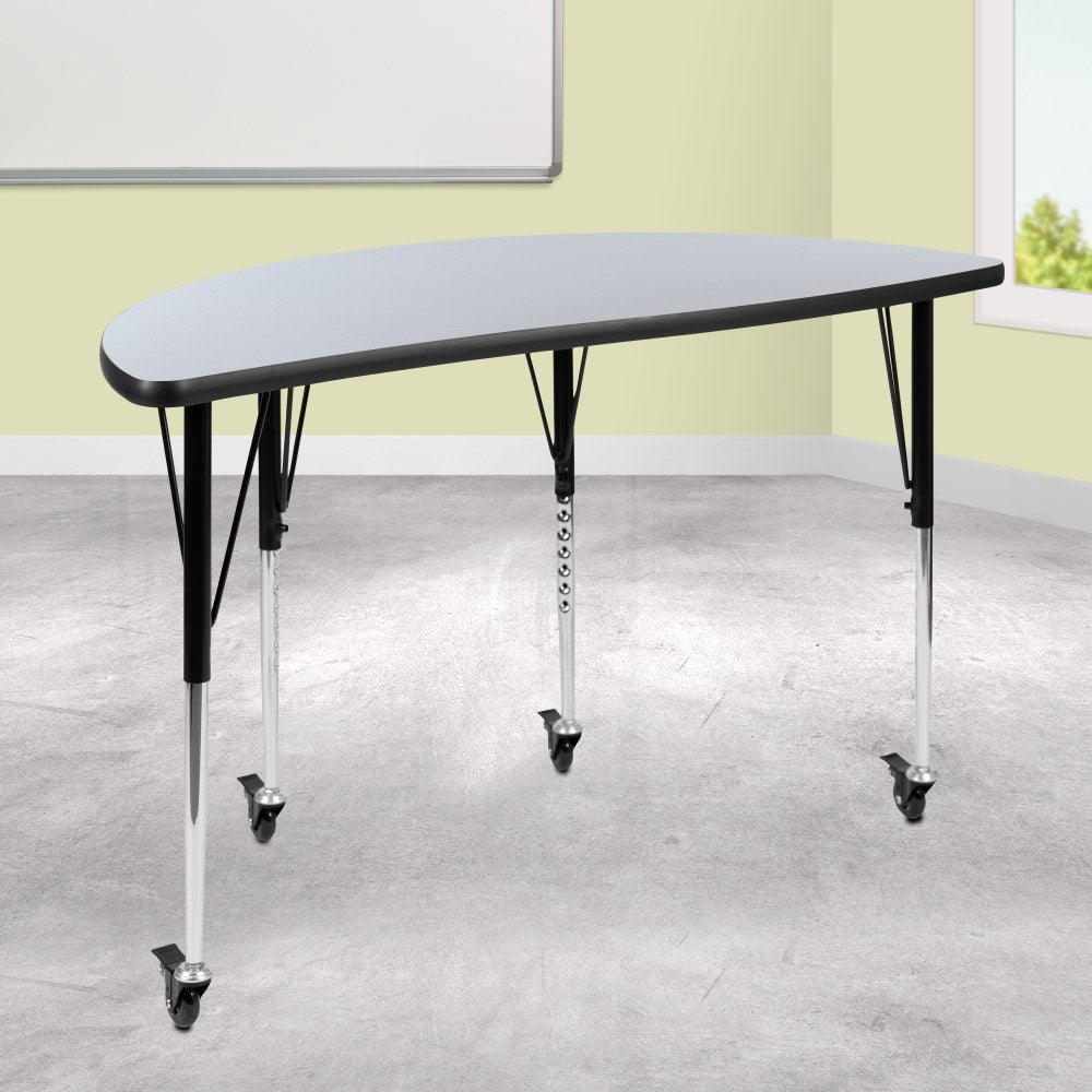 Flash Furniture Mobile Half Circle Wave Flexible Collaborative Thermal Laminate Activity Table With Standard Height-Adjustable Legs, 30inH x 47-1/2inW x 24inD, Gray