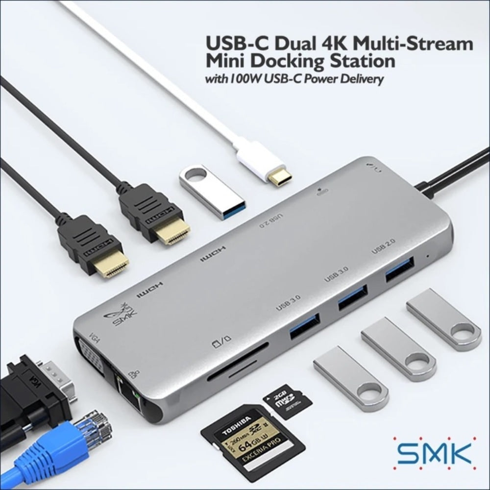 SMK-Link USB-C Dual 4K Multi-Stream Mini Docking Station - for Notebook/Camera/Scanner/Tablet/Monitor/Projector/TV - 100 W - USB Type C - 2 x USB 2.0 - 2 x USB 3.0 - USB Type-C - Network (RJ-45) - HDMI - VGA - Thunderbolt - Wired