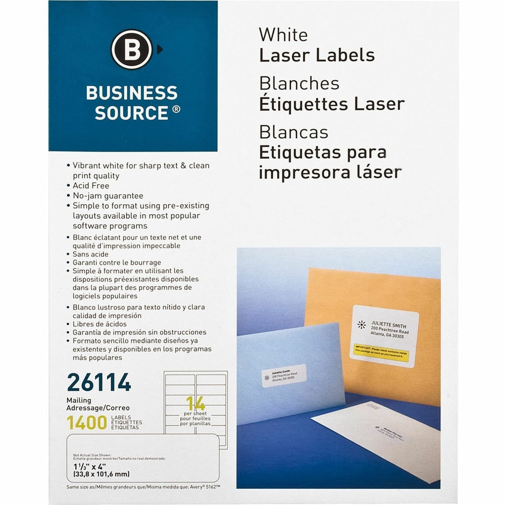 Business Source Bright White Premium-quality Address Labels - 1 1/3in Width x 4in Length - Permanent Adhesive - Rectangle - Laser, Inkjet - White - 14 / Sheet - 100 Total Sheets - 1400 / Pack - Lignin-free, Jam-free