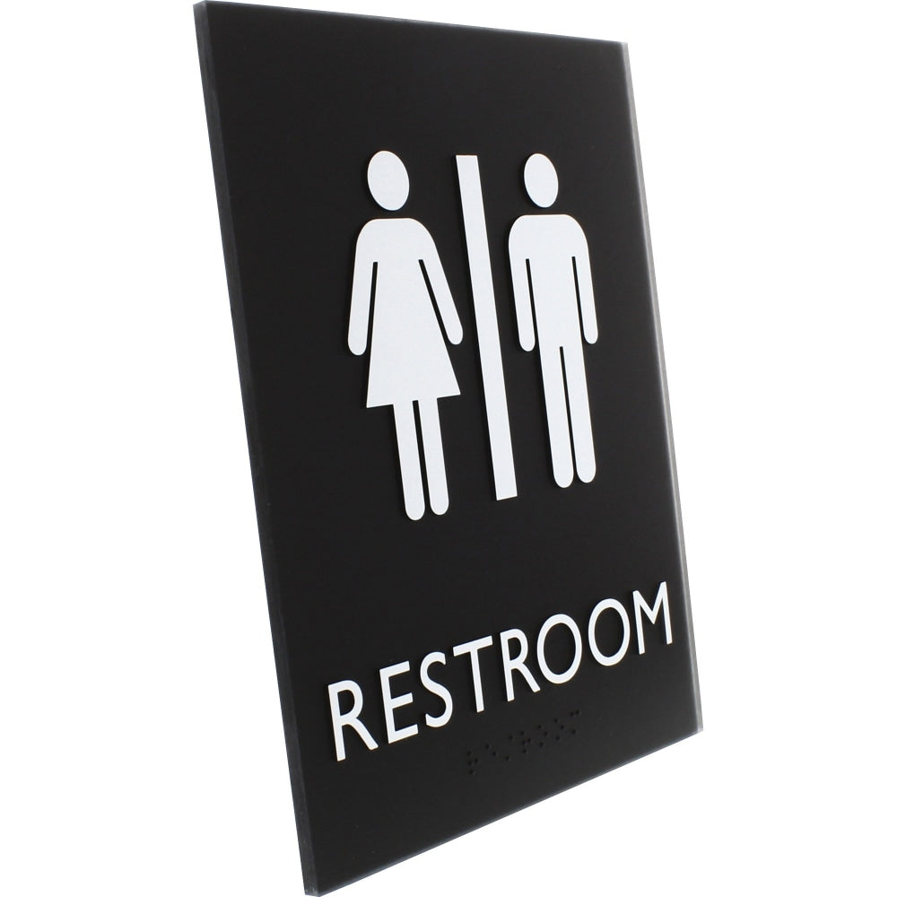 Lorell Unisex Restroom Sign - 1 Each - Toilette Men, TOILETTE (ladies) Print/Message - 6.4in Width x 8.5in Height - Rectangular Shape - Surface-mountable - Easy Readability, Braille - Restroom, Information - Plastic - Black, Black