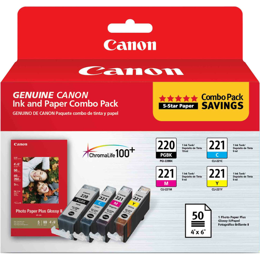 Canon PGI-220/CLI-221 ChromaLife 100+ Black And Cyan, Magenta, Yellow Ink Tanks And Photo Paper, Pack Of 4, 2945B011