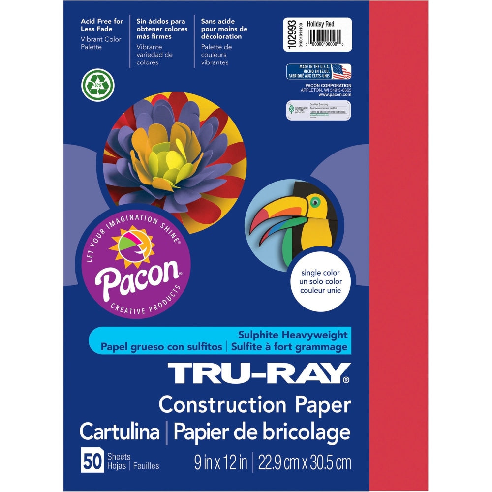 Tru-Ray Construction Paper, 50% Recycled, 9in x 12in, Holiday Red, Pack Of 50