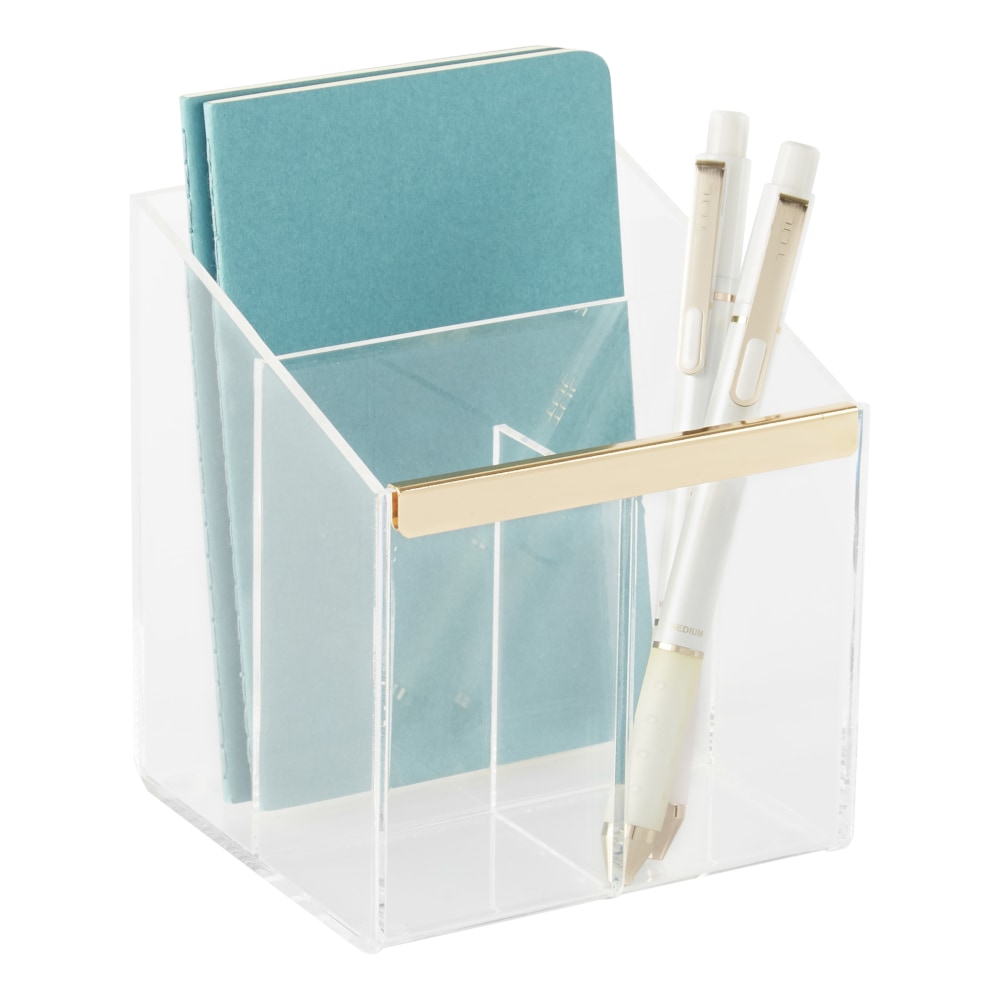 Realspace Vayla Acrylic 3-Compartment Pen Holder, 4-7/8inH x 4inW x 4-1/8inD, Clear/Gold