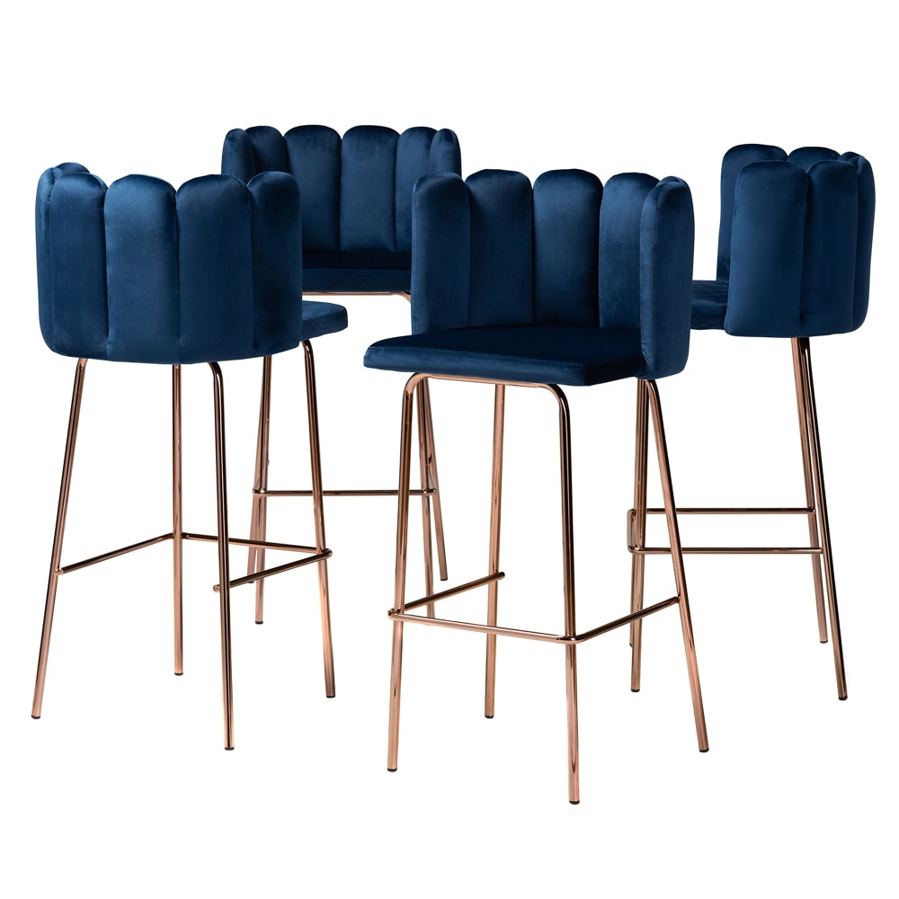 Baxton Studio Kaelin Bar Stools, Rose Gold/Navy Blue, Set Of 4 Stools