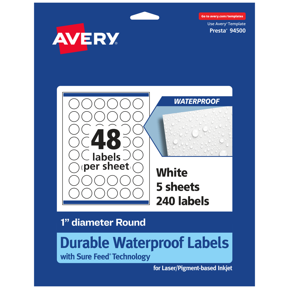 Avery Waterproof Permanent Labels With Sure Feed, 94500-WMF5, Round, 1in Diameter, White, Pack Of 240