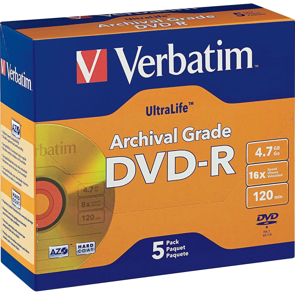 Verbatim UltraLife Archival Grade Gold DVD-R, Pack Of 5