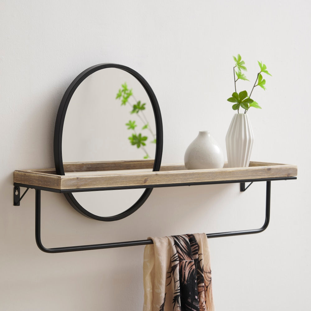 Linon Banberry Wall Shelf With Mirror, 17-1/4inH x 28-3/4inW x 7-4/5inD, Graywash/Black