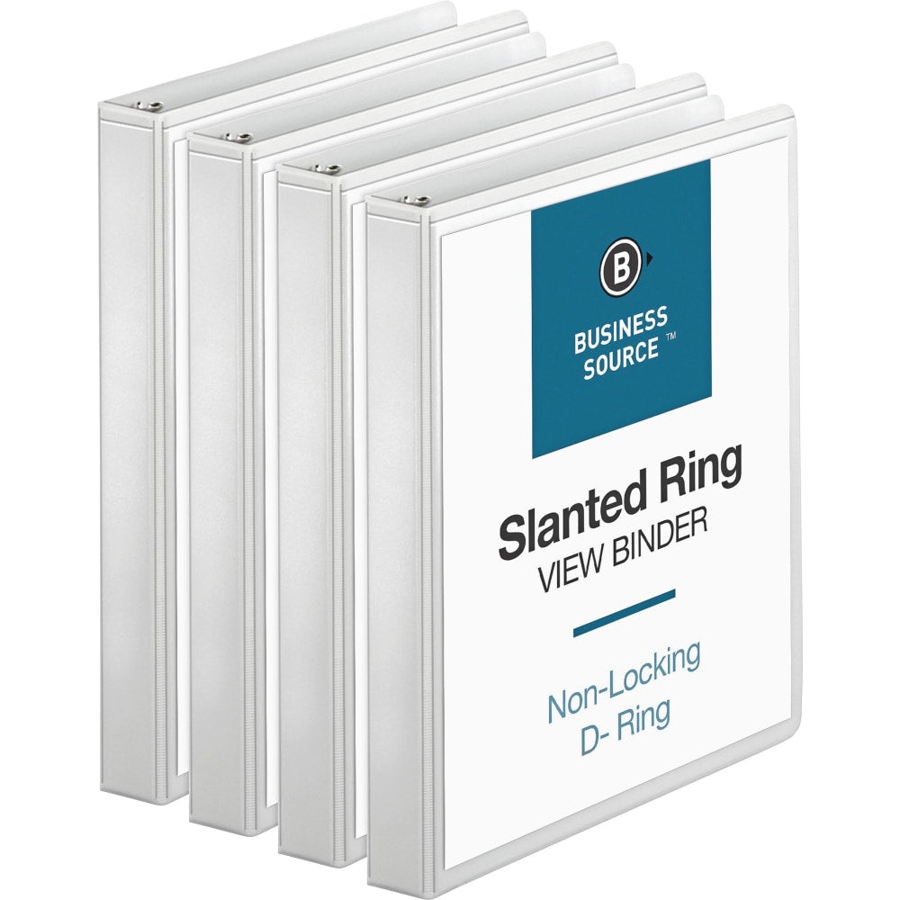 Business Source Basic D-Ring White View Binders, 1in Ring, 8 1/2in x 11in, White, Pack Of 4