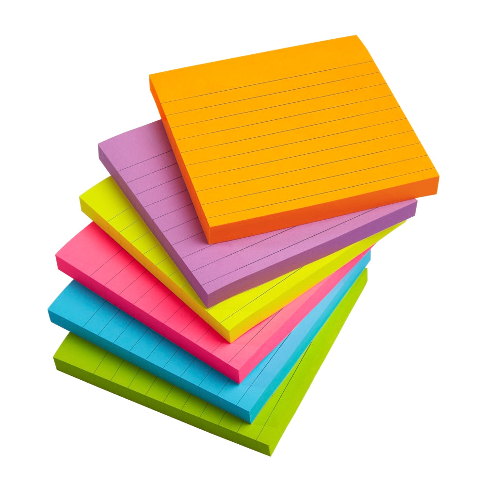 Office Depot Brand Lined Sticky Notes, 4in x 4in, Assorted Vivid Colors, 100 Sheets Per Pad, Pack Of 6 Pads