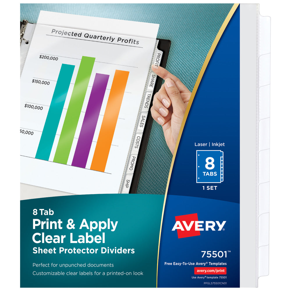 Avery Sheet Protector Dividers For 3 Ring Binders With Easy Print & Apply Index Maker Label Strip, 8-1/2in x 11in,  8 Tab, Clear With Customizable White Tabs, 1 Set