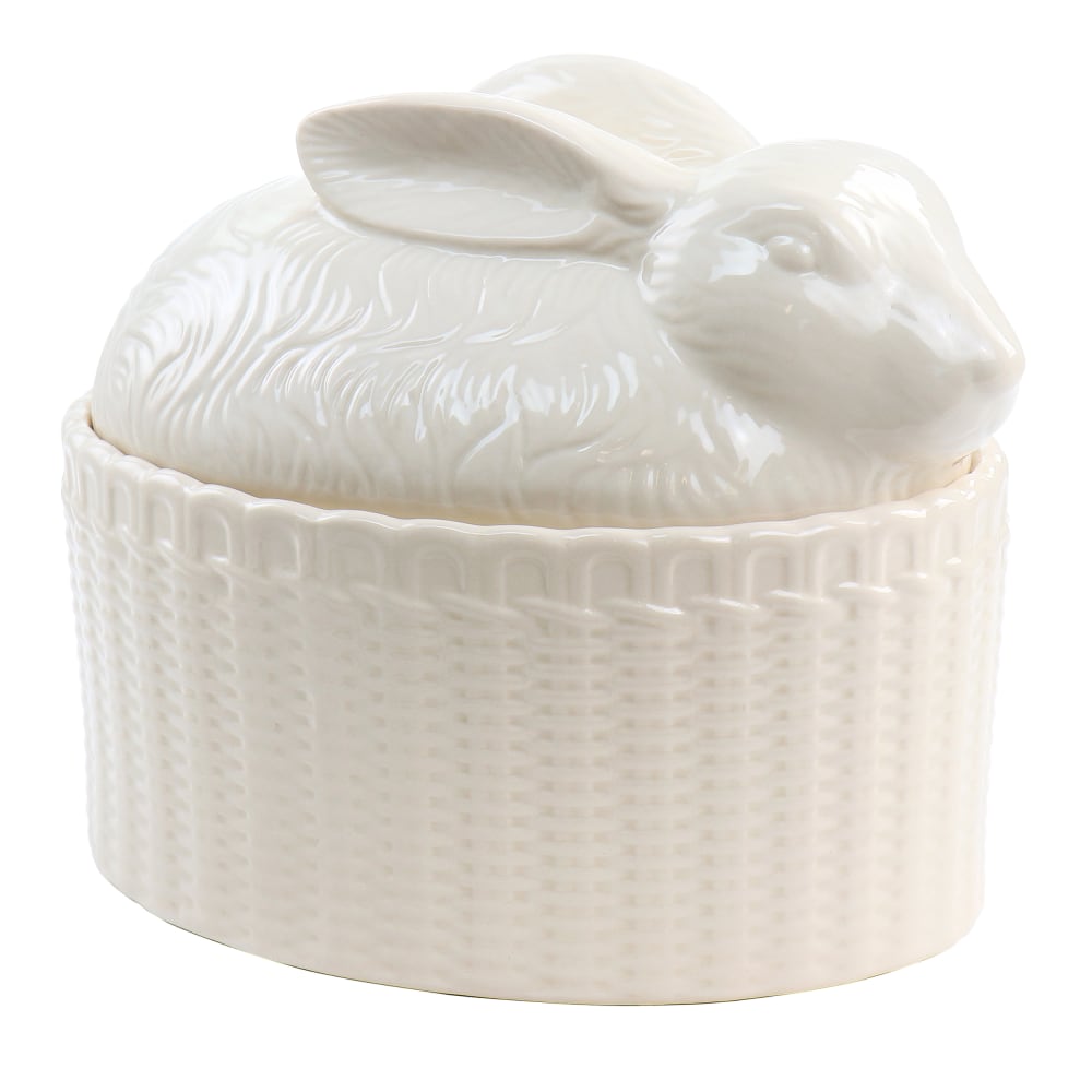 Martha Stewart Stoneware Sculpted Bunny Covered Oval Baker, 9in, Cream