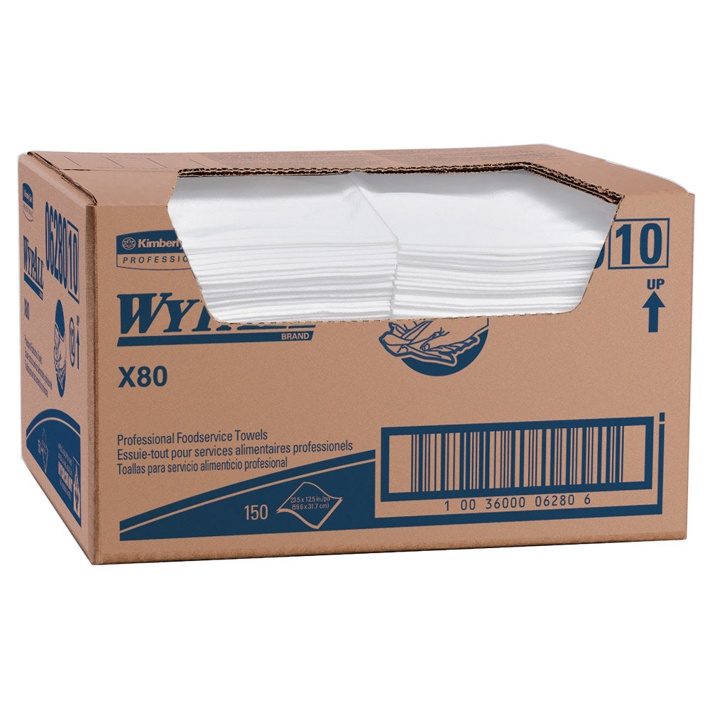 Wypall X80 Extended Use Foodservice Towels With Antimicrobial Protection, 12in x 23 7/16in, White, Box Of 150