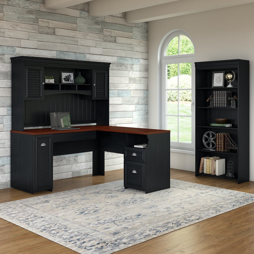 Bush Business Furniture Fairview 60inW L-Shaped Corner Desk With Hutch And 5-Shelf Bookcase, Antique Black, Standard Delivery