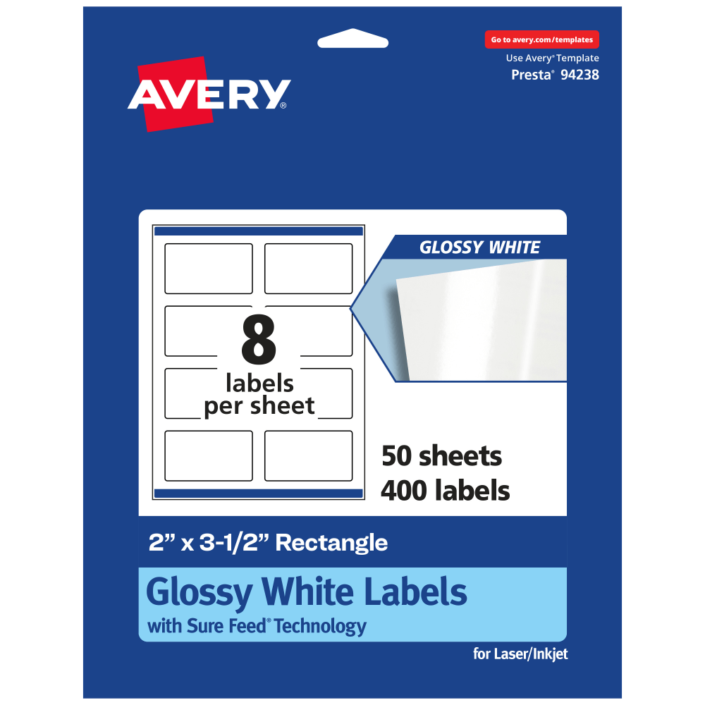 Avery Glossy Permanent Labels With Sure Feed, 94238-WGP50, Rectangle, 2in x 3-1/2in, White, Pack Of 400