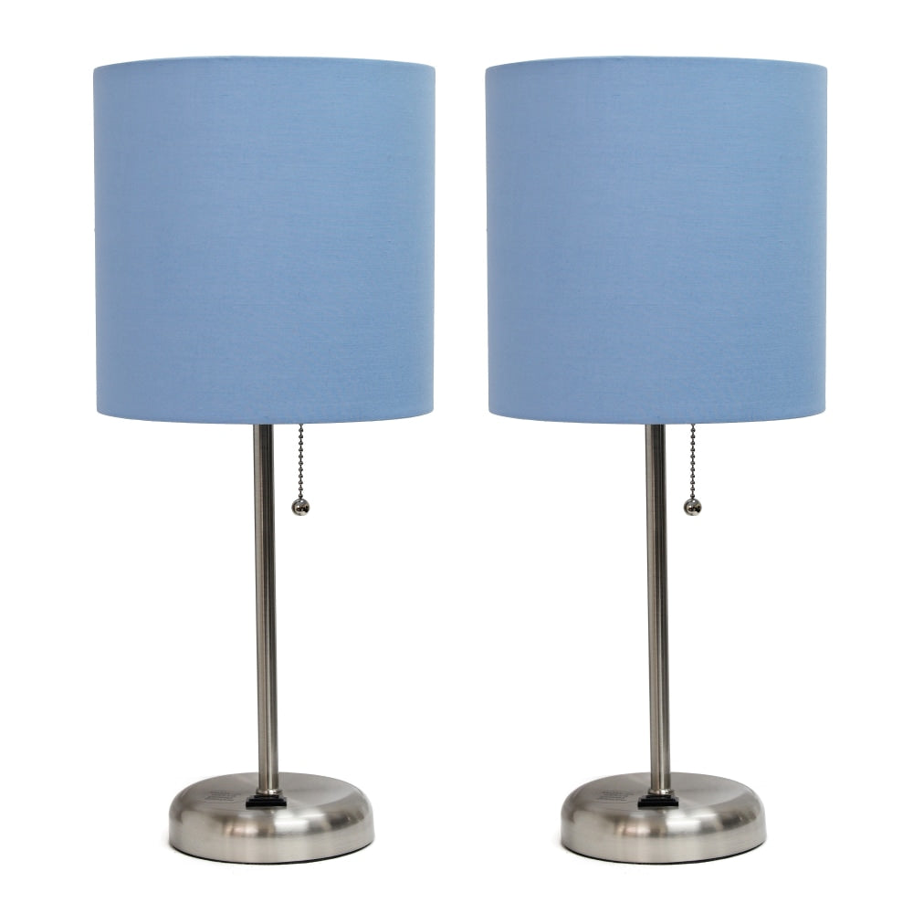 LimeLights Brushed Steel Stick Lamp with Charging Outlet and Blue Fabric Shade 2 Pack Set