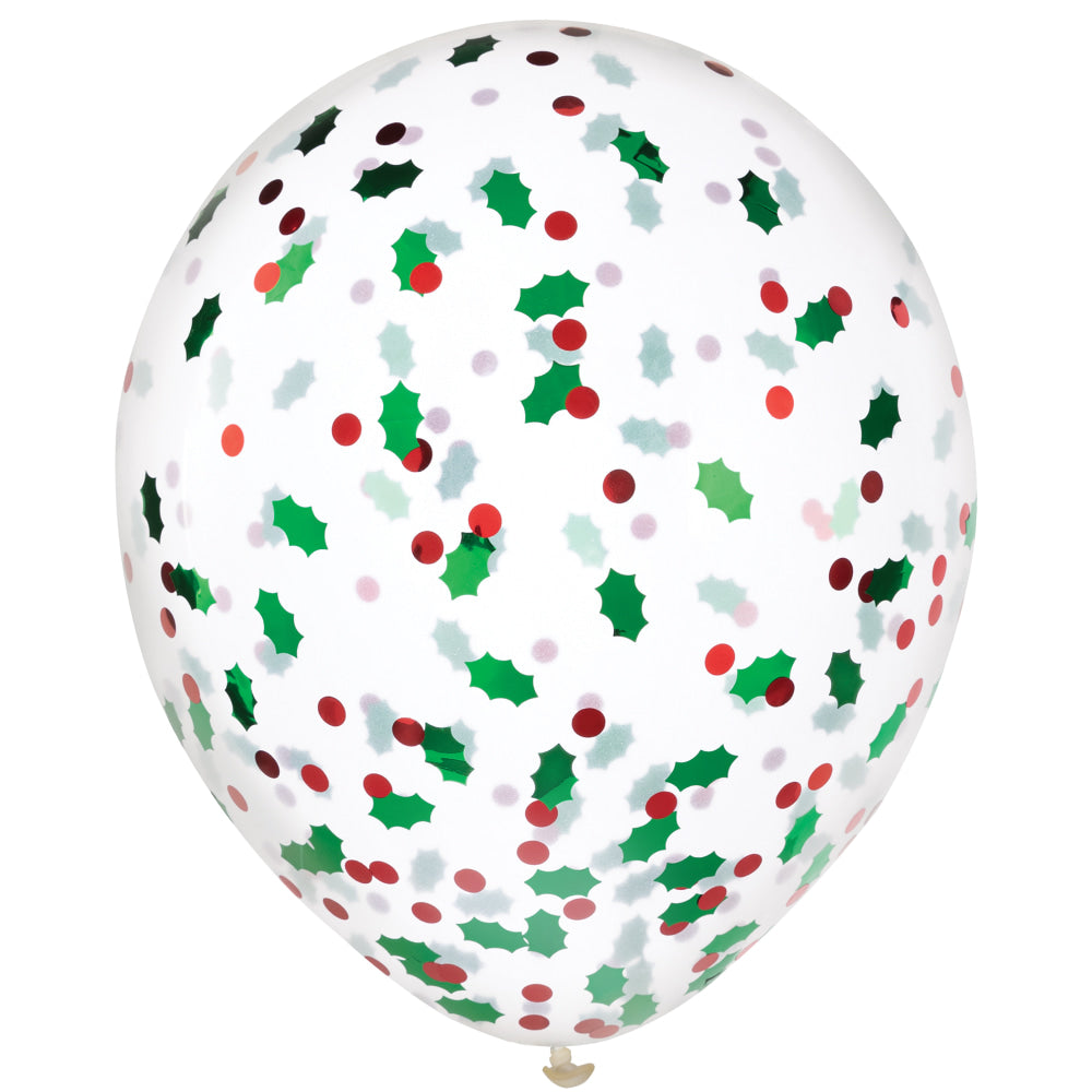 Amscan Christmas Holly Berry Confetti-Filled Latex Balloons, 12in, Clear, Pack Of 18 Balloons