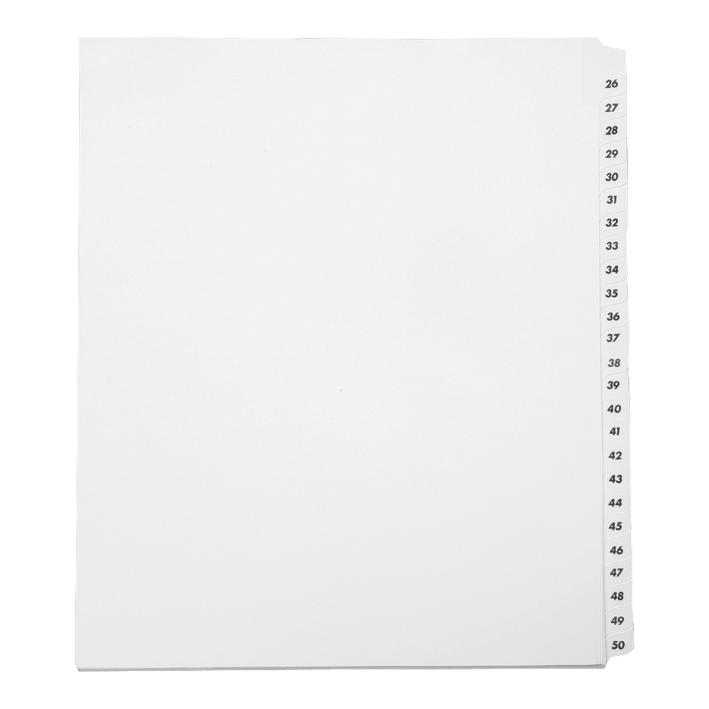 SKILCRAFT Index Divider Sheets With Numerical Tabs, 26-50, Letter Size, Clear, Set Of 25 (AbilityOne 7530-01-407-2248)