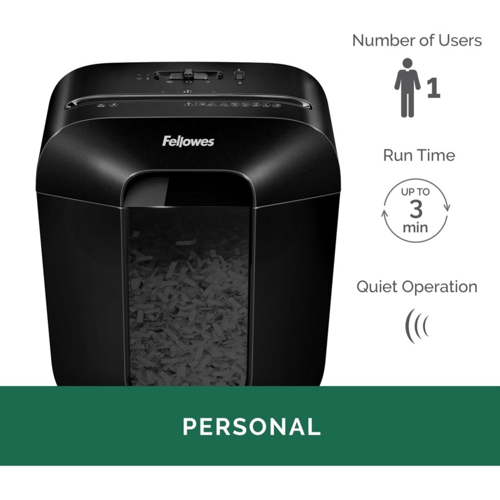 Fellowes LX25 Paper Shredder - Cross Cut - 6 Per Pass - for shredding Paper, Paper Clip, Staples, Credit Card - 0.156in x 1.250in Shred Size - P-4 - 7 ft/min - 9in Throat - 3 Minute Run Time - 30 Minute Cool Down Time - 3 gal Wastebin Capacity