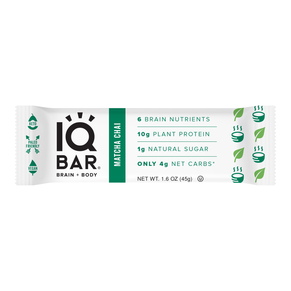 IQ BAR Brain Fuel Protein Bars, Matcha Chai, 1.6 Oz, Box Of 24 Bars