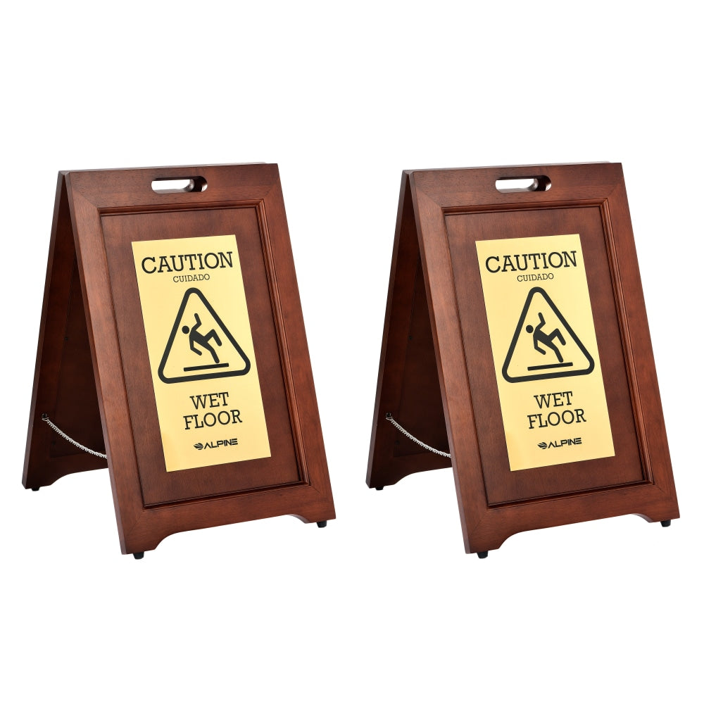 Alpine Industries 2-Sided Brass-Plated Wooden Bilingual Wet Floor Signs, 24in x 15in, Brown, Pack Of 2 Signs