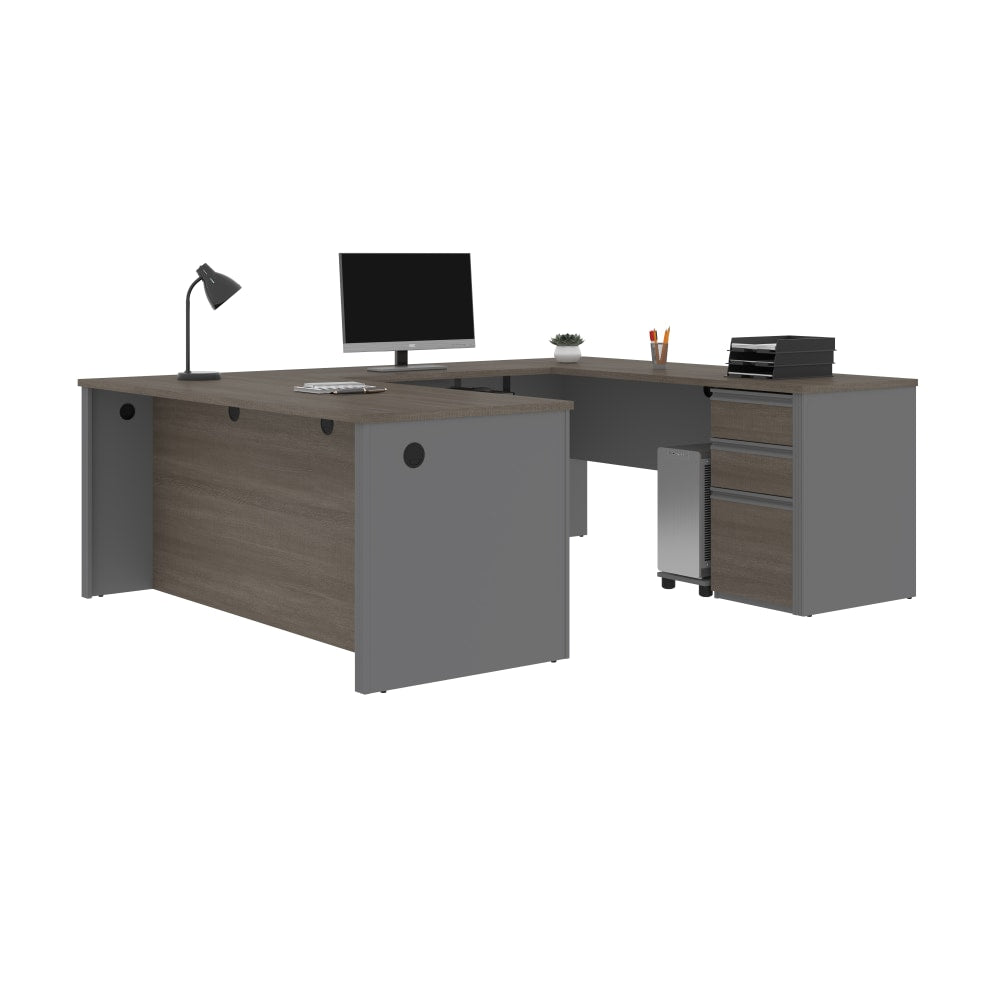 Bestar Prestige + 72inW U-Shaped Executive Computer Desk With Pedestal, Bark Gray/Slate