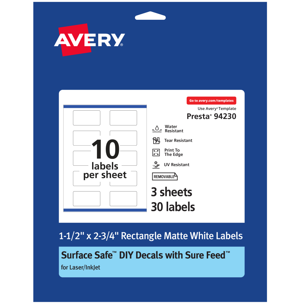 Avery Durable Removable Labels With Sure Feed, 94230-DRF3, Rectangle, 1-1/2in x 2-3/4in, White, Pack Of 30