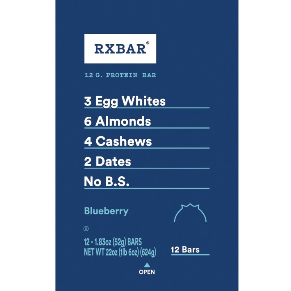 RXBAR Protein Bars, Blueberry, 1.8 Oz, Pack Of 12 Bars