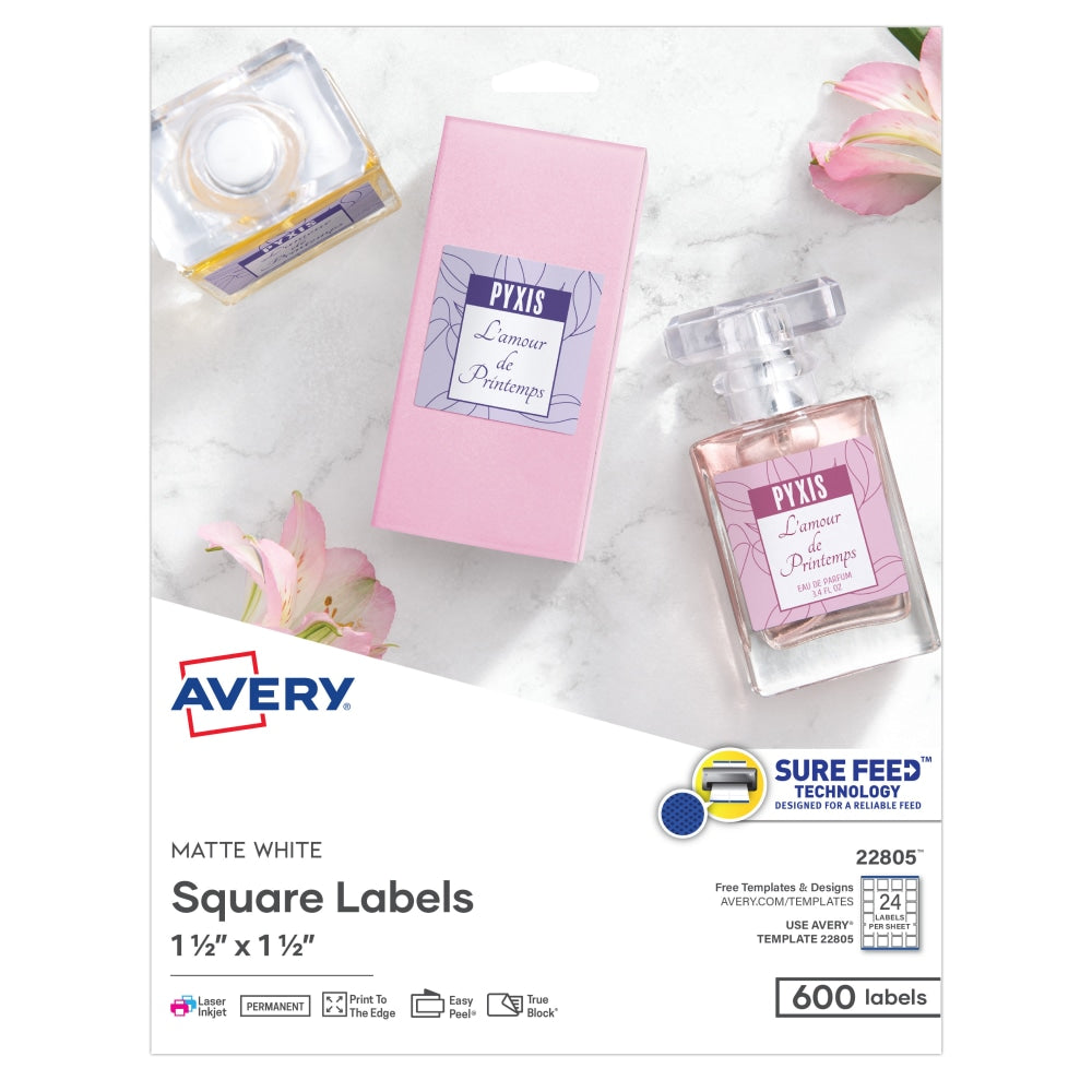 Avery Printable Blank Labels, 22805, Square, 1.5in x 1.5in, White, Pack Of 600