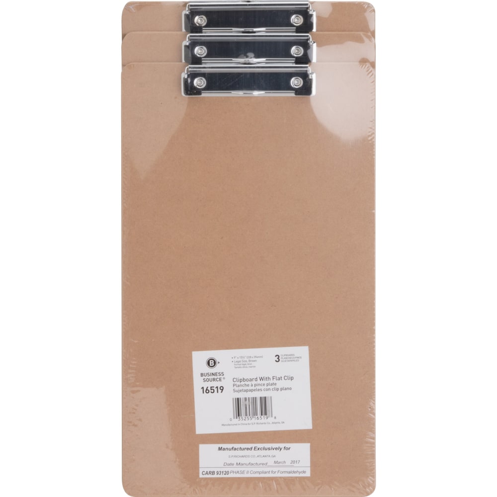 Business Source Legal-size Clipboard - 8 1/2in x 14in - Hardboard - Brown - 3 / Pack