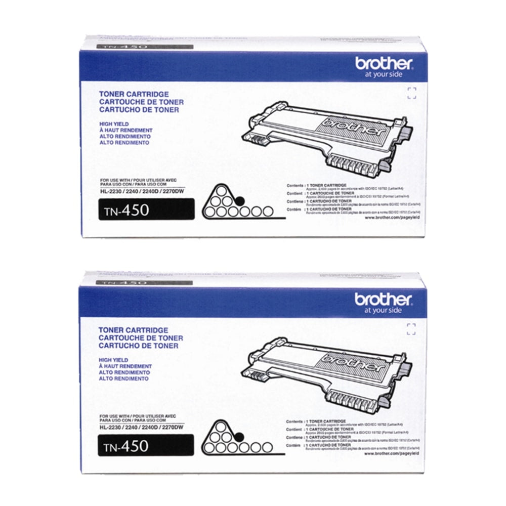 Brother TN-450 Black High Yield Toner Cartridges, Pack Of 2, TN-450-2PKOD