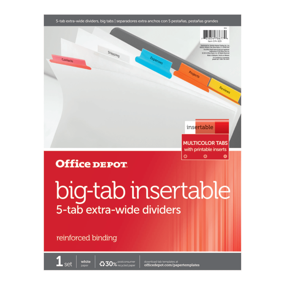 Office Depot Brand Insertable Extra-Wide Dividers With Big Tabs, Assorted Colors, 5-Tab