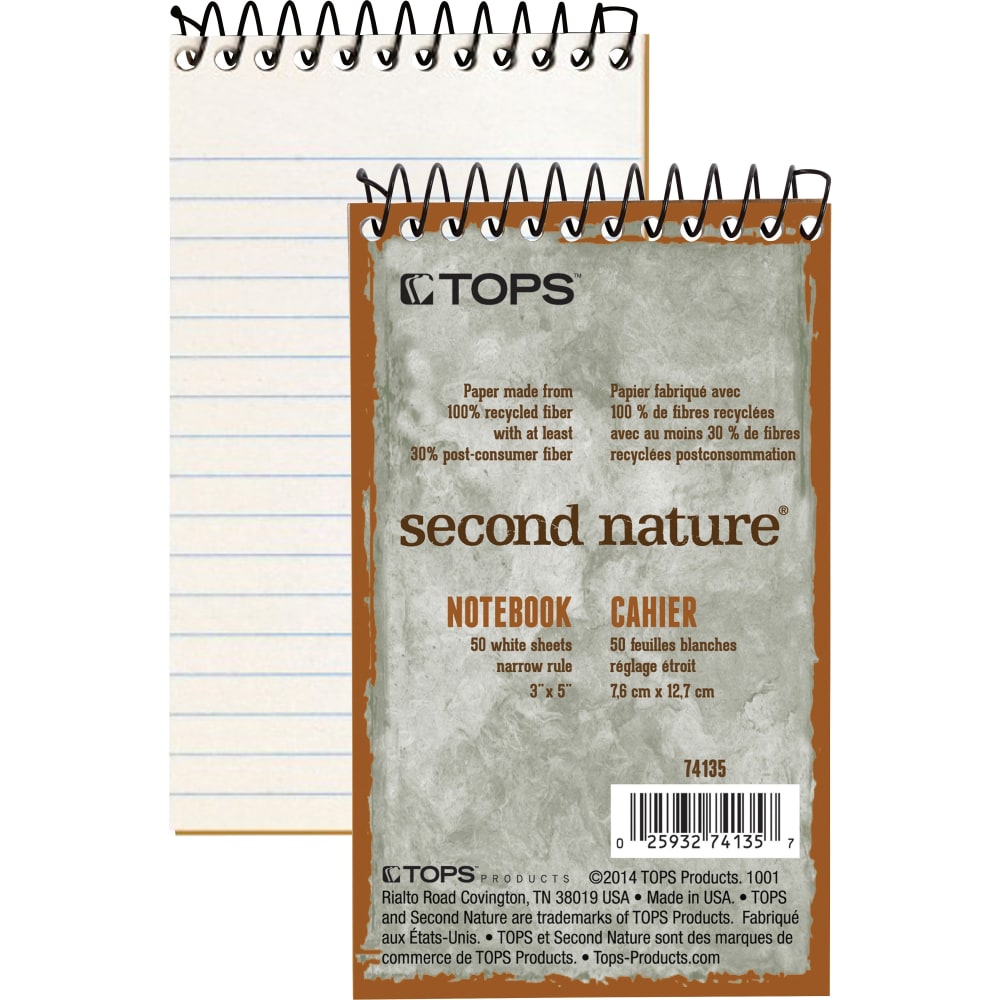 TOPS Second Nature Top-Bound Memo Book, 3in x 5in, 1 Subject, Narrow Rule, 50 Sheets White