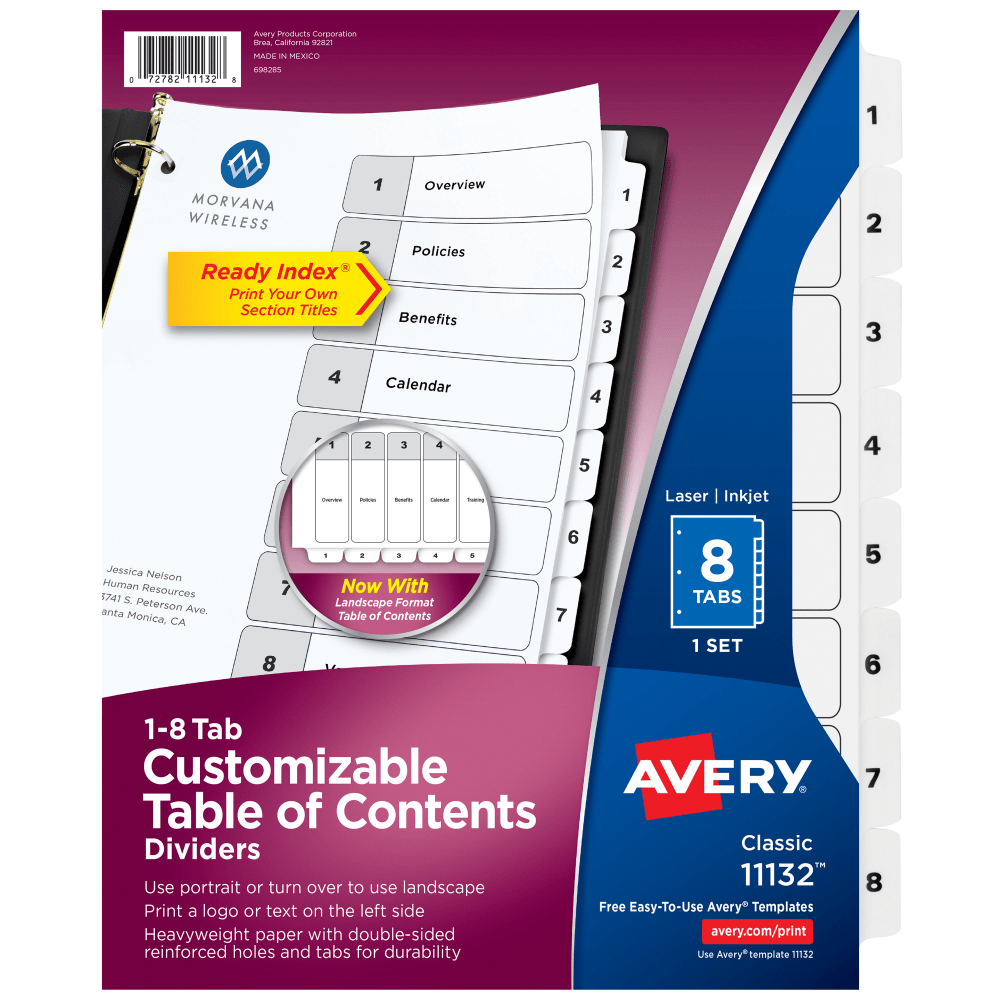 Avery Ready Index 1-8 Tab With Customizable Table Of Contents Dividers, Letter Size, 8 Tab, White, 1 Set