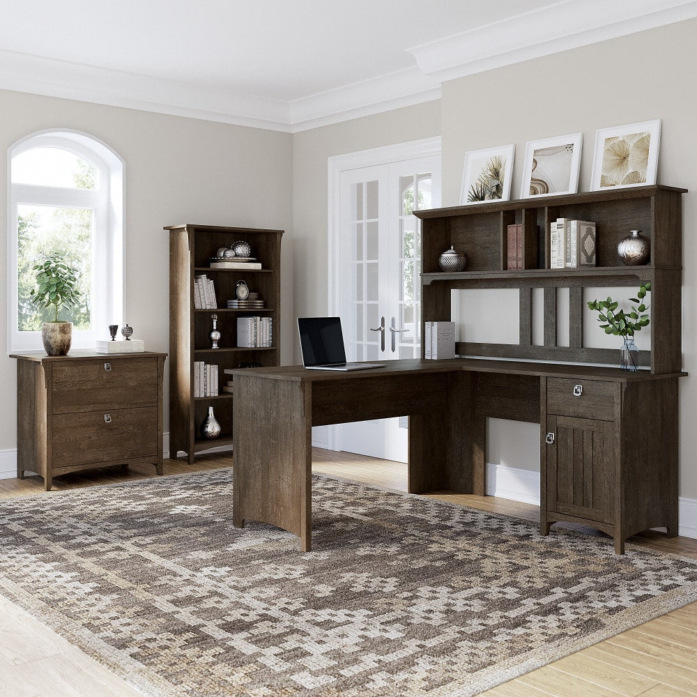 Bush Furniture Salinas 60inW L Shaped Desk with Hutch, Lateral File Cabinet and 5 Shelf Bookcase, Ash Brown, Standard Delivery