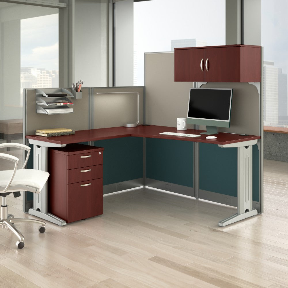 Bush Business Furniture Office In An Hour L Workstation with Storage & Accessory Kit, 63inH x 66inW x 64-6/10inD, Hansen Cherry Finish, Standard Delivery