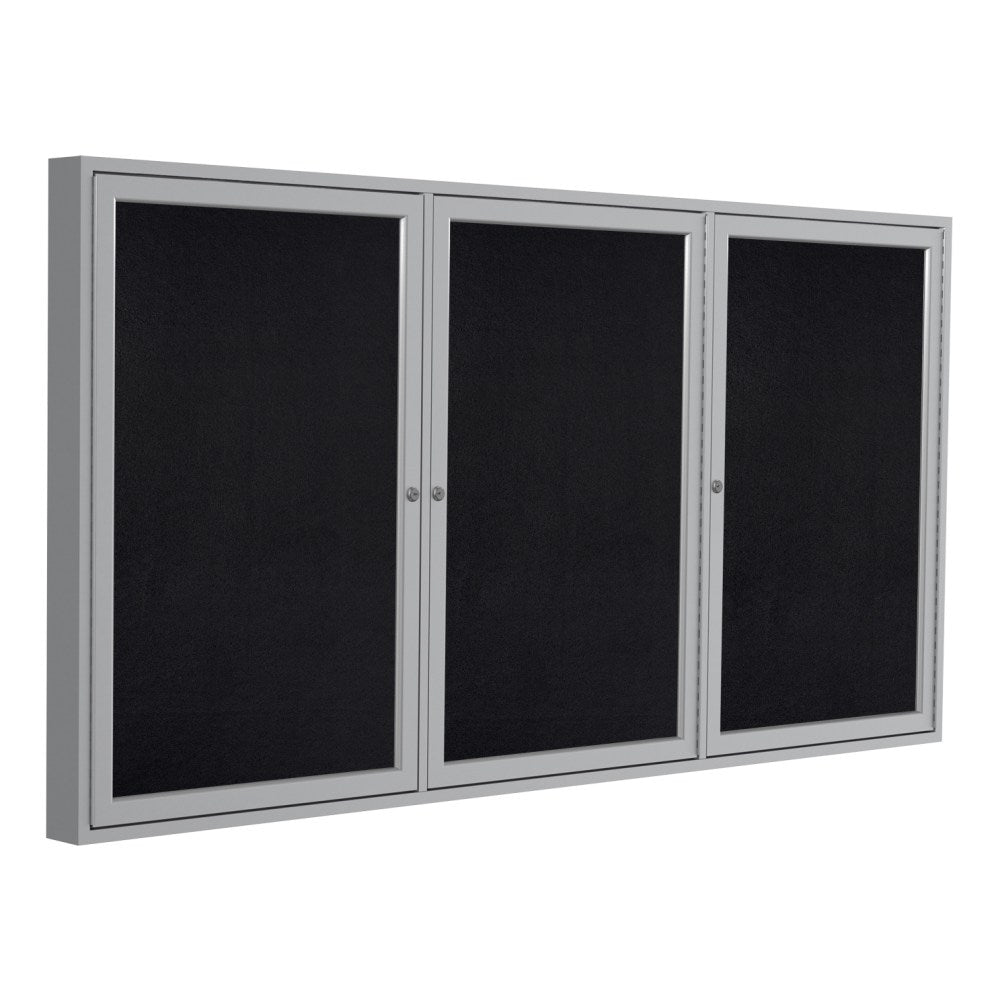 Ghent 3-Door Enclosed Rubber Bulletin Board, 48in x 96in, 90% Recycled, Black Satin Aluminum Frame