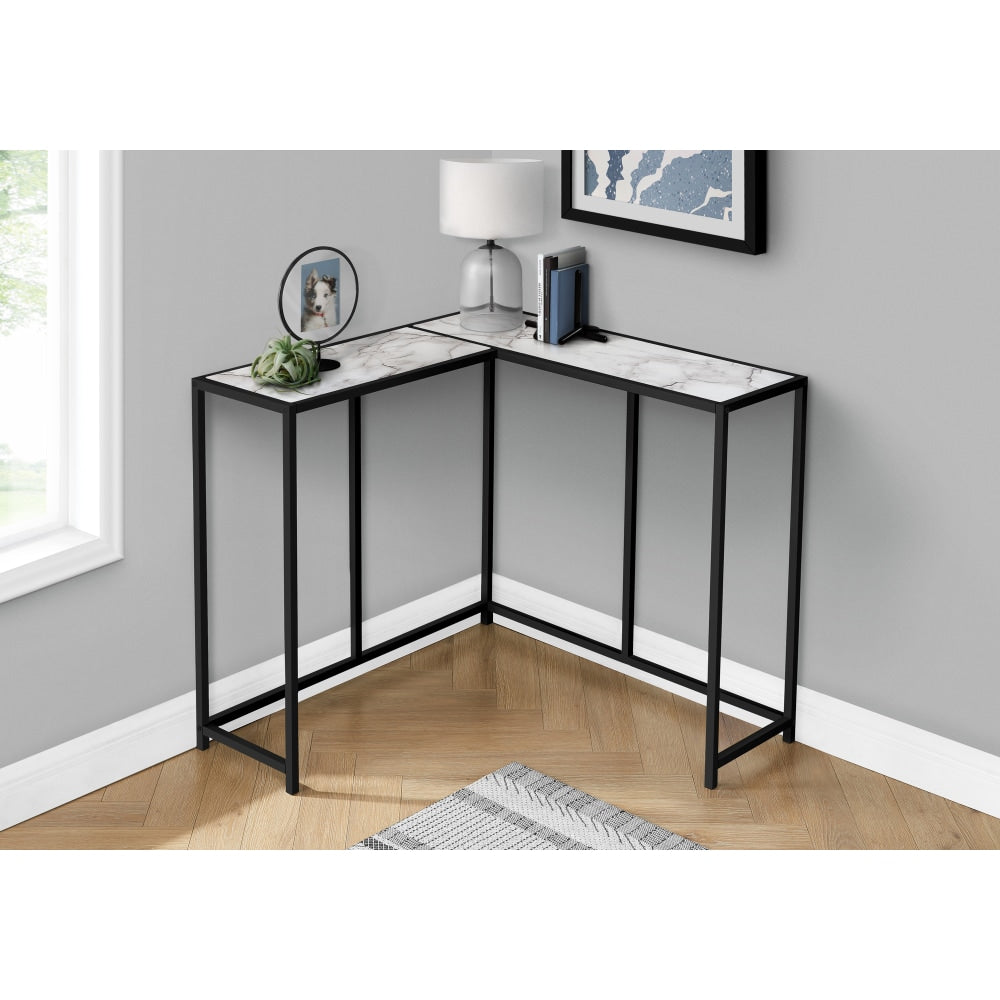 Monarch Specialties Jan L-Shaped Metal Console Table, 32inH x 36inW x 36inD, White Marble/Black