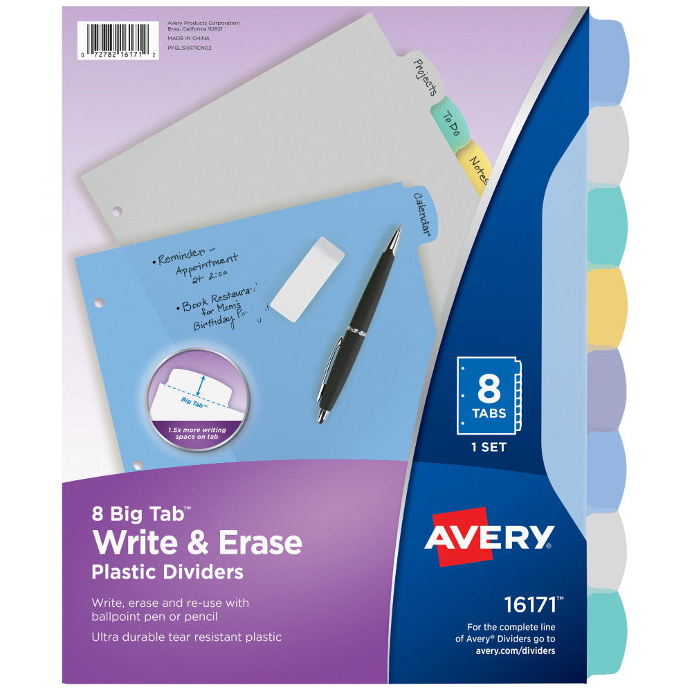 Avery Durable Write-On Plastic Dividers With Erasable Tabs, 8 1/2in x 11in, Multicolor, 8 Tabs