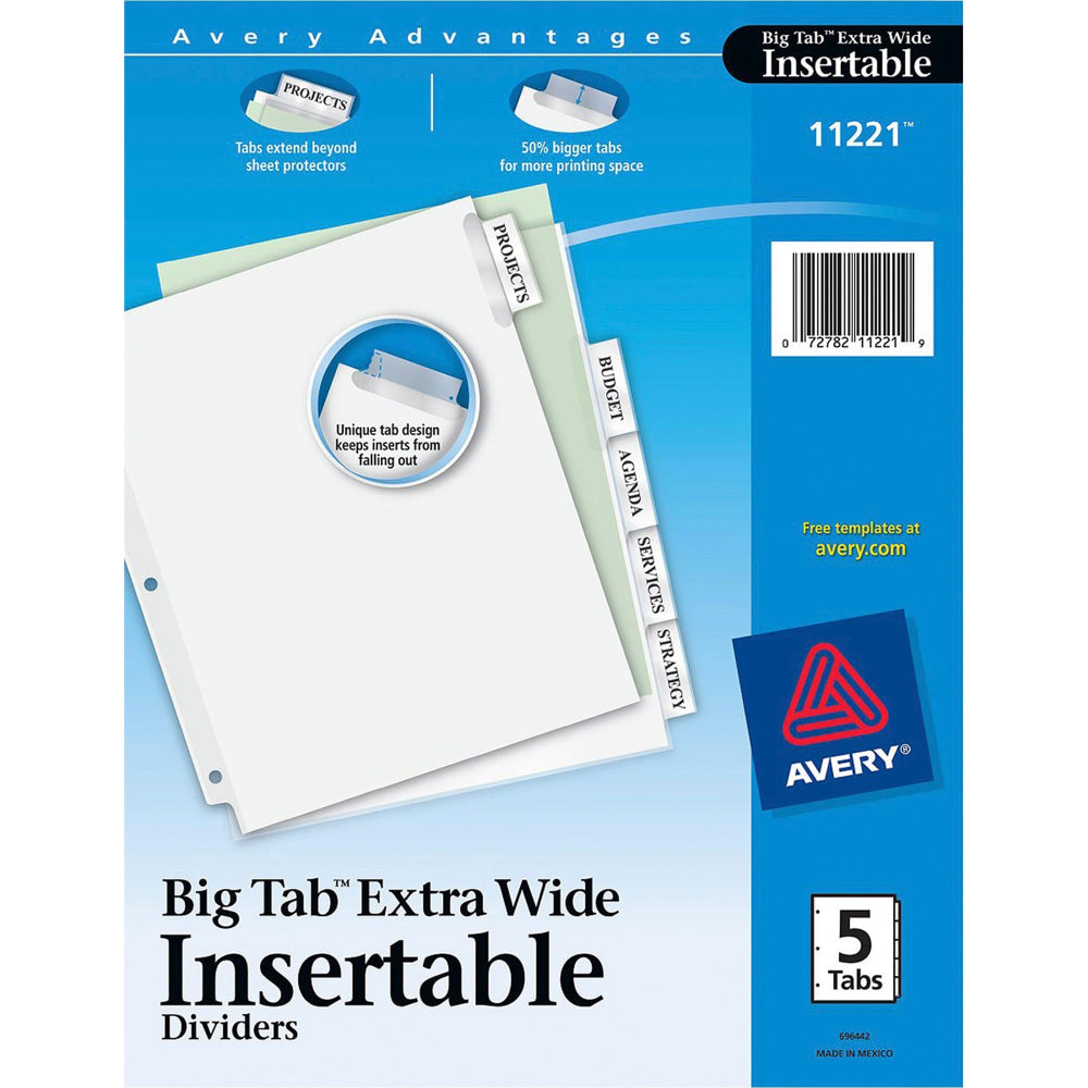 Avery Big Tab Extra-Wide Insertable Dividers, Clear Reinforced, White/Clear, 5-Tab