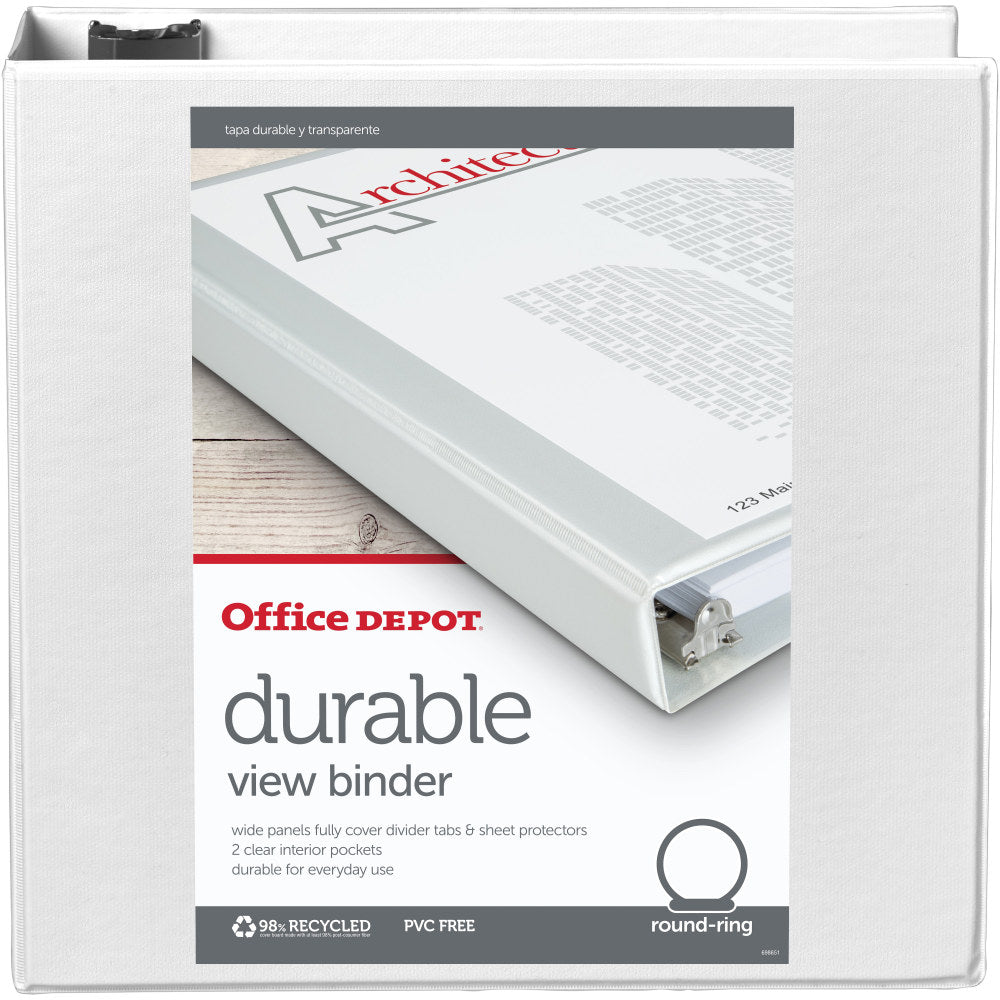 Office Depot Brand Durable View 3-Ring Binder, 3in Round Rings, White