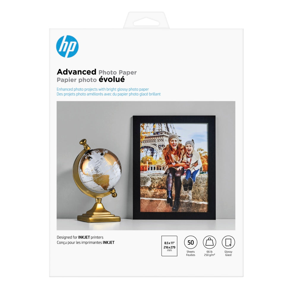 HP Advanced Photo Paper for Inkjet Printers, Glossy, Letter Size (8 1/2in x 11in), 66 Lb, Pack Of 50 Sheets (Q7853A)