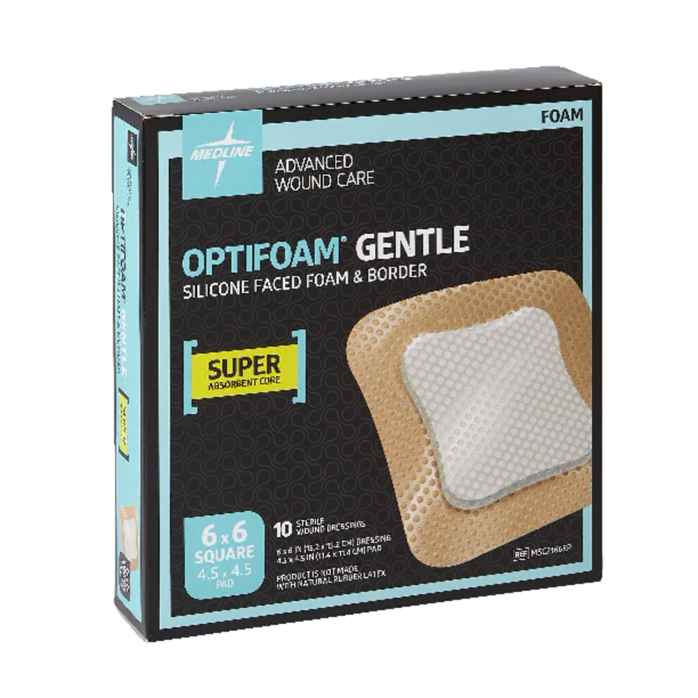 Medline Optifoam Gentle Silicone-Faced Foam & Border Dressings, 6in x 6in, Natural, Box Of 10