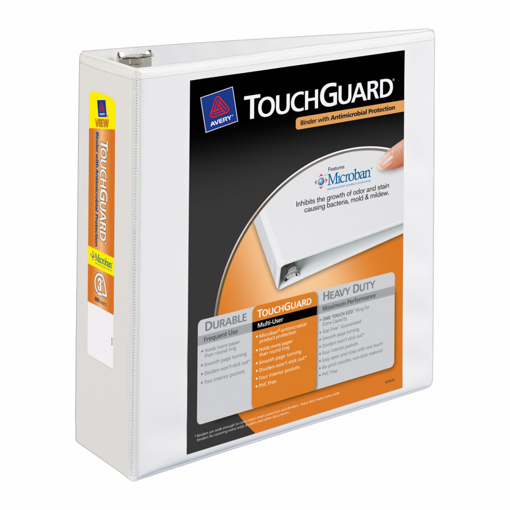 Avery Touchguard View 3-Ring Binder With EZ-Turn Rings And Antimicrobial Protection, 3in D-Rings, 40% Recycled, White