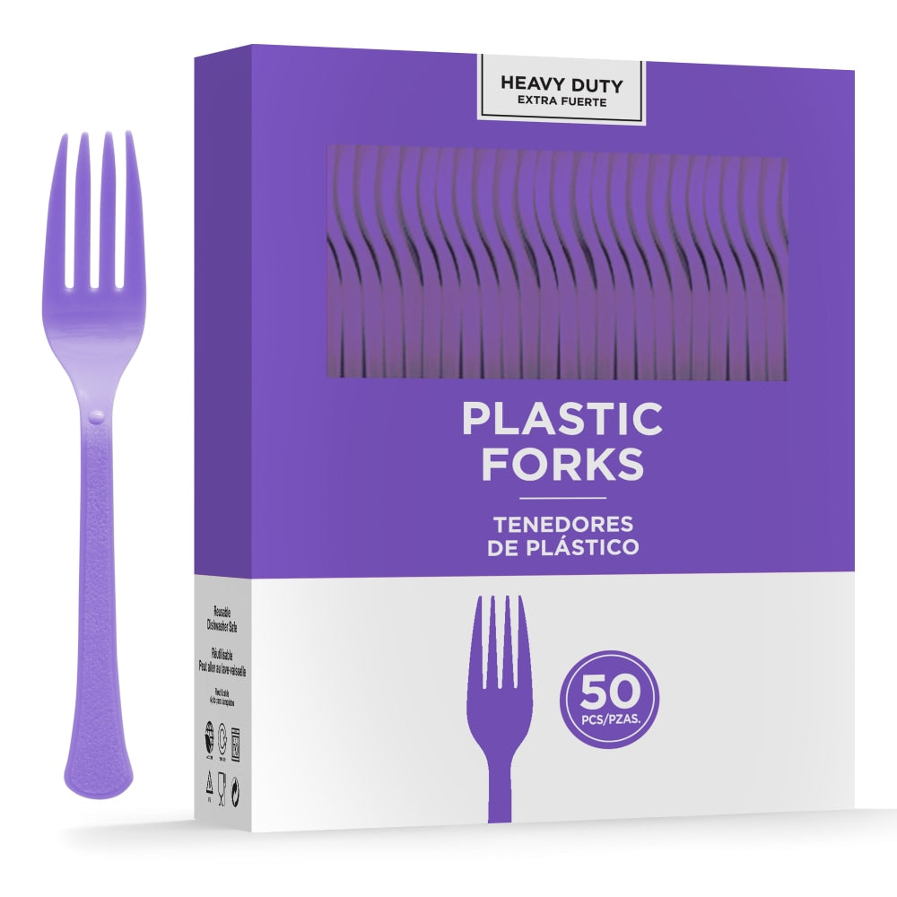 Amscan 8017 Solid Heavyweight Plastic Forks, Purple, 50 Forks Per Pack, Case Of 3 Packs