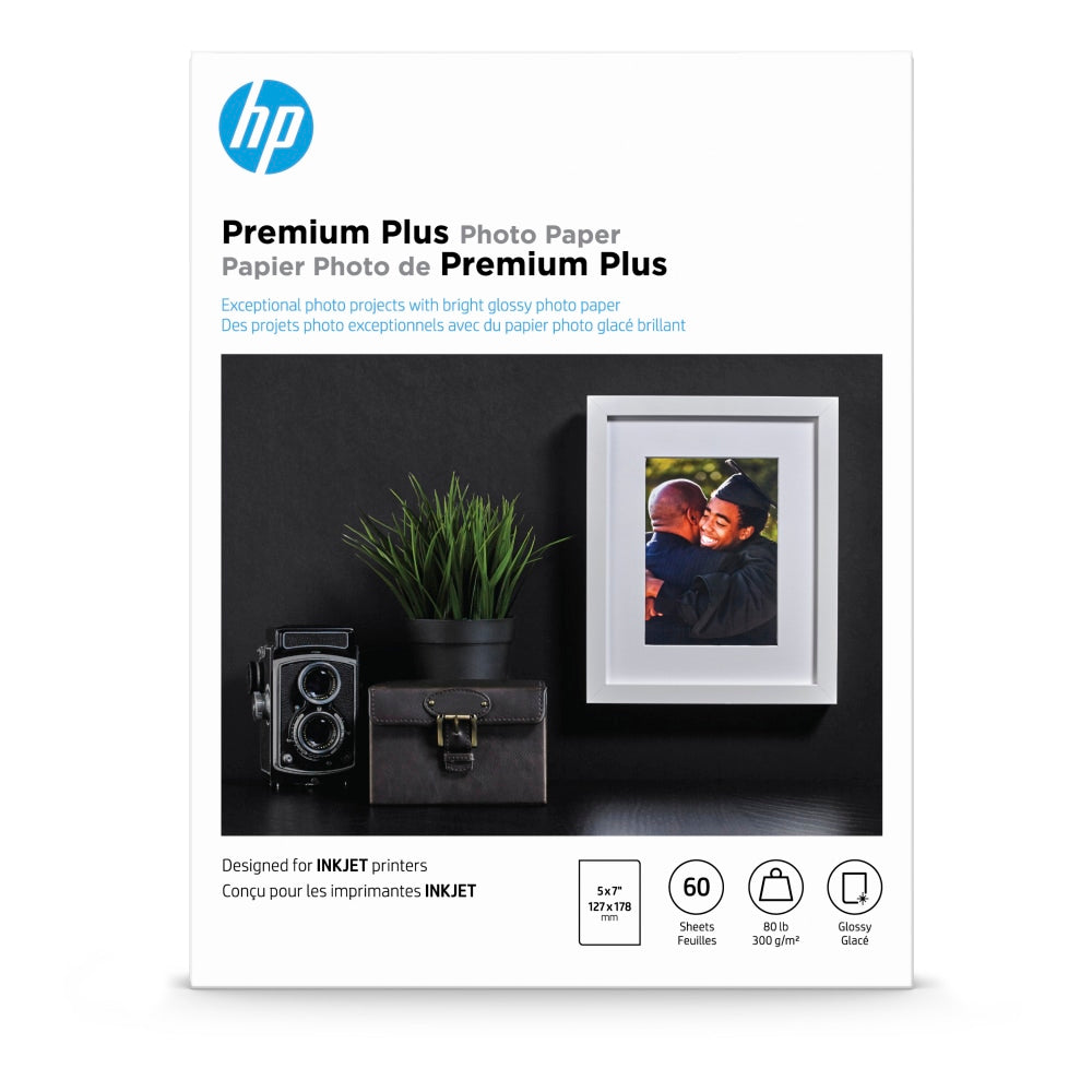 HP Premium Plus Photo Paper for Inkjet Printers, Glossy, 5in x 7in, 80 Lb., Pack Of 60 Sheets (CR669A)