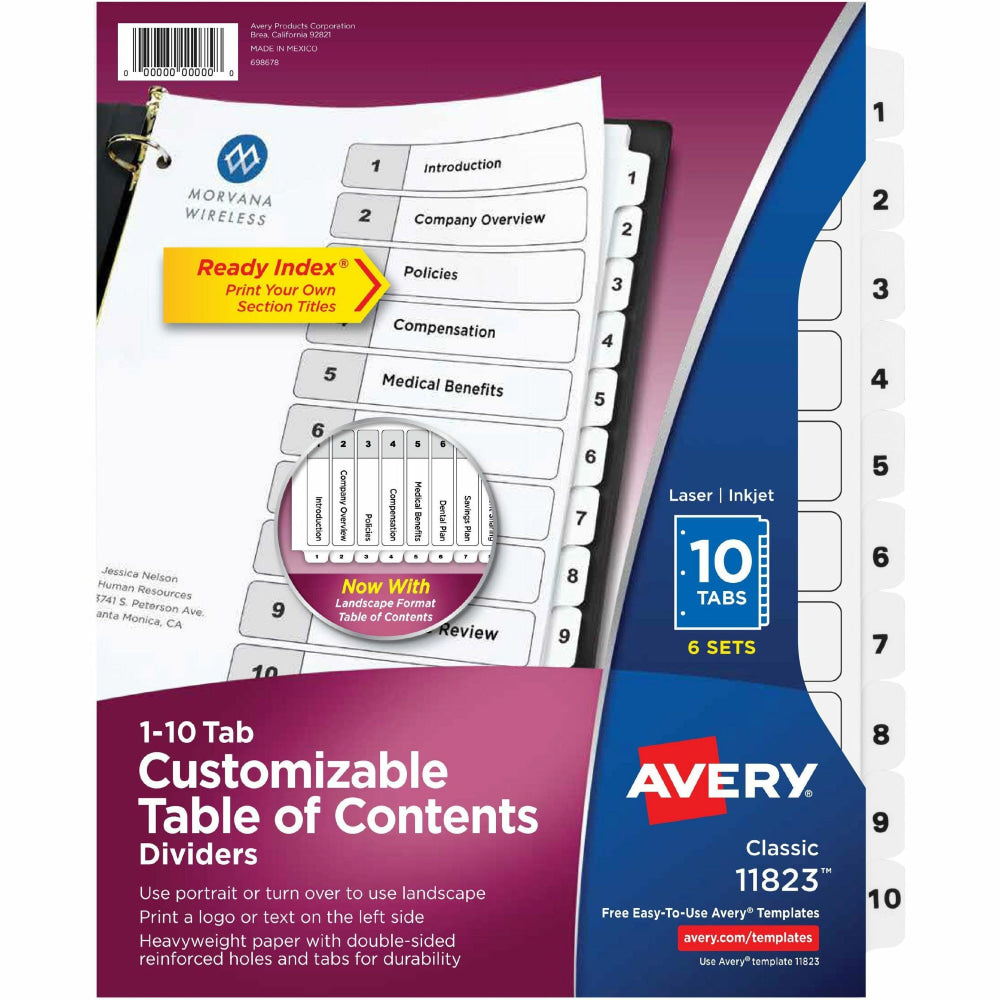 Avery Ready Index Table Of Contents Binder Dividers, 8-1/2in x 11in, White, 10 Tabs Per Pack, Set Of 6 Packs