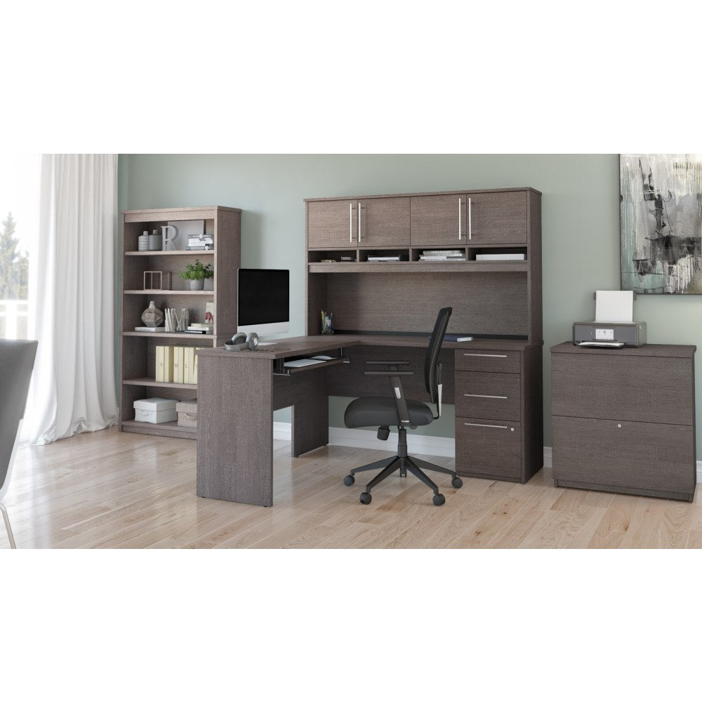 Bestar Innova U- Or L-Shaped Desk With Hutch, Lateral File Cabinet And Bookcase, Bark Gray