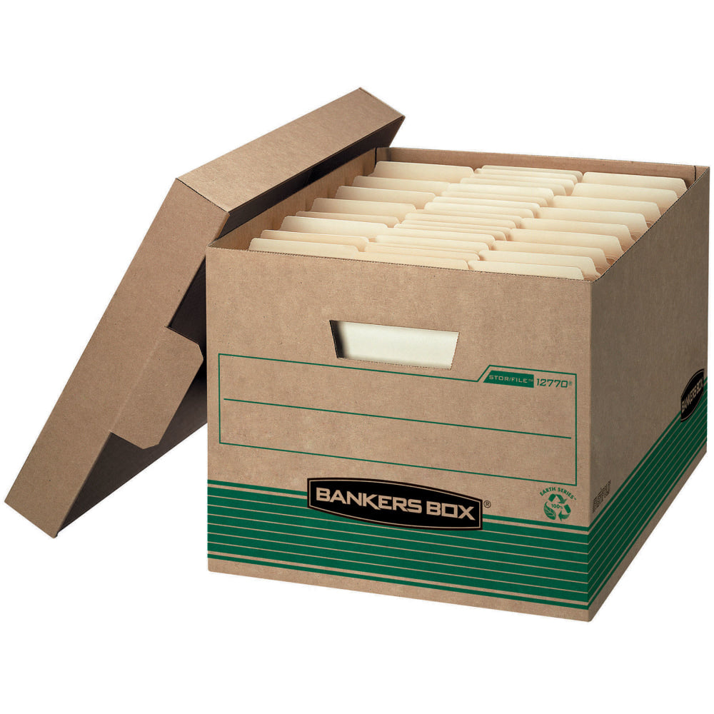 Bankers Box Stor/File Medium-Duty Storage Boxes With Lift-Off Lids, Letter/Legal Size, 10in x 12in x 15in, 94% Recycled, Kraft/Green, Case Of 20