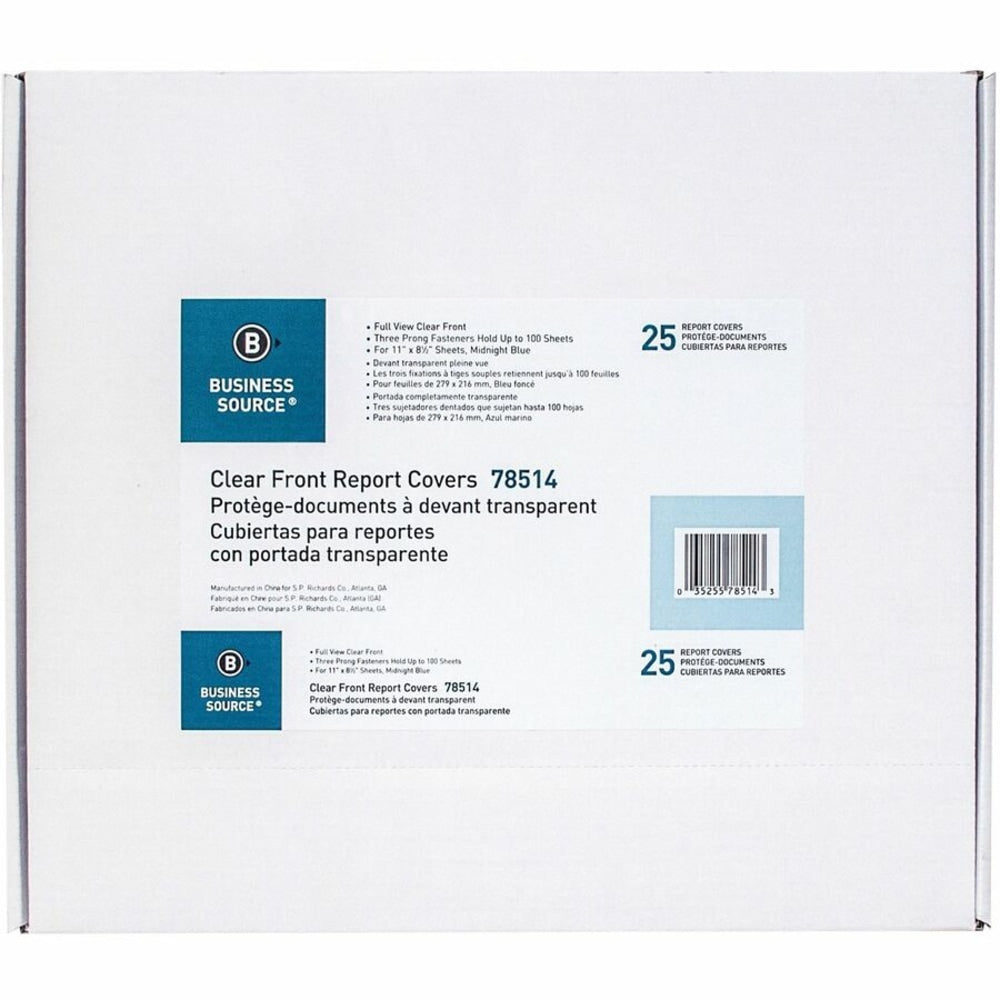 Business Source Letter Report Cover - 1/2in Folder Capacity - 8 1/2in x 11in - 100 Sheet Capacity - 3 x Prong Fastener(s) - Clear, Dark Blue - 25 / Box