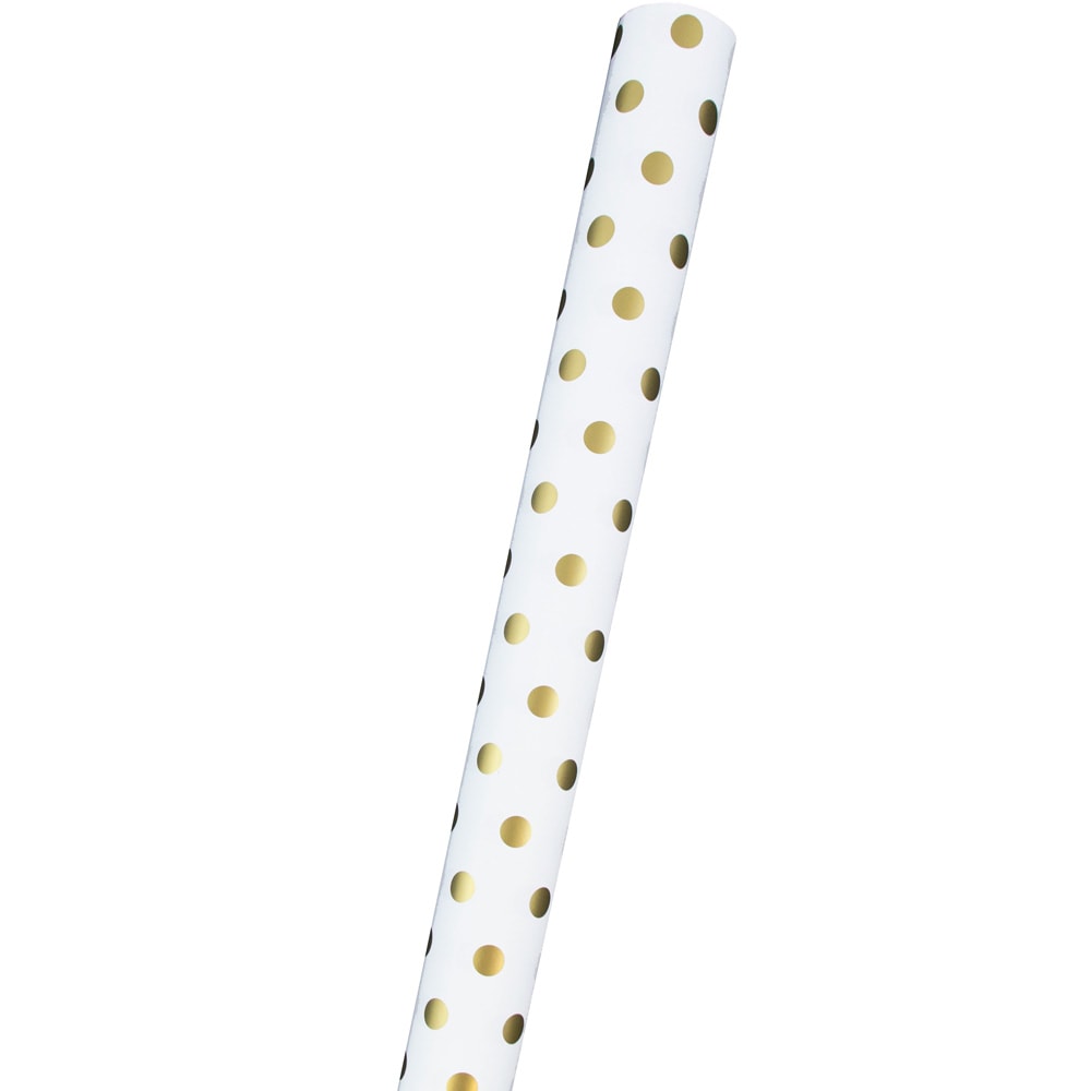 JAM Paper Wrapping Paper, 25 Sq Ft, Polka Dot, White & Gold